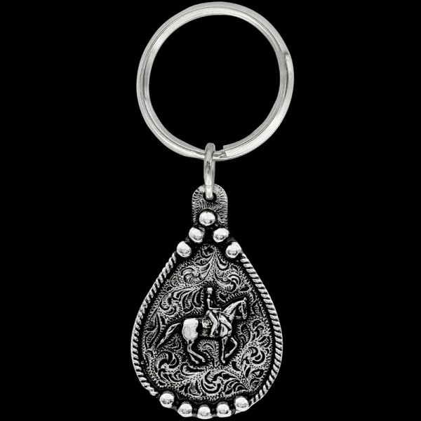 Dressage Rider Keychain, Catch any dressage rider’s attention with this keychain! This product includes a beautiful rope border, a 3D dressage figure, and a key ring attachme